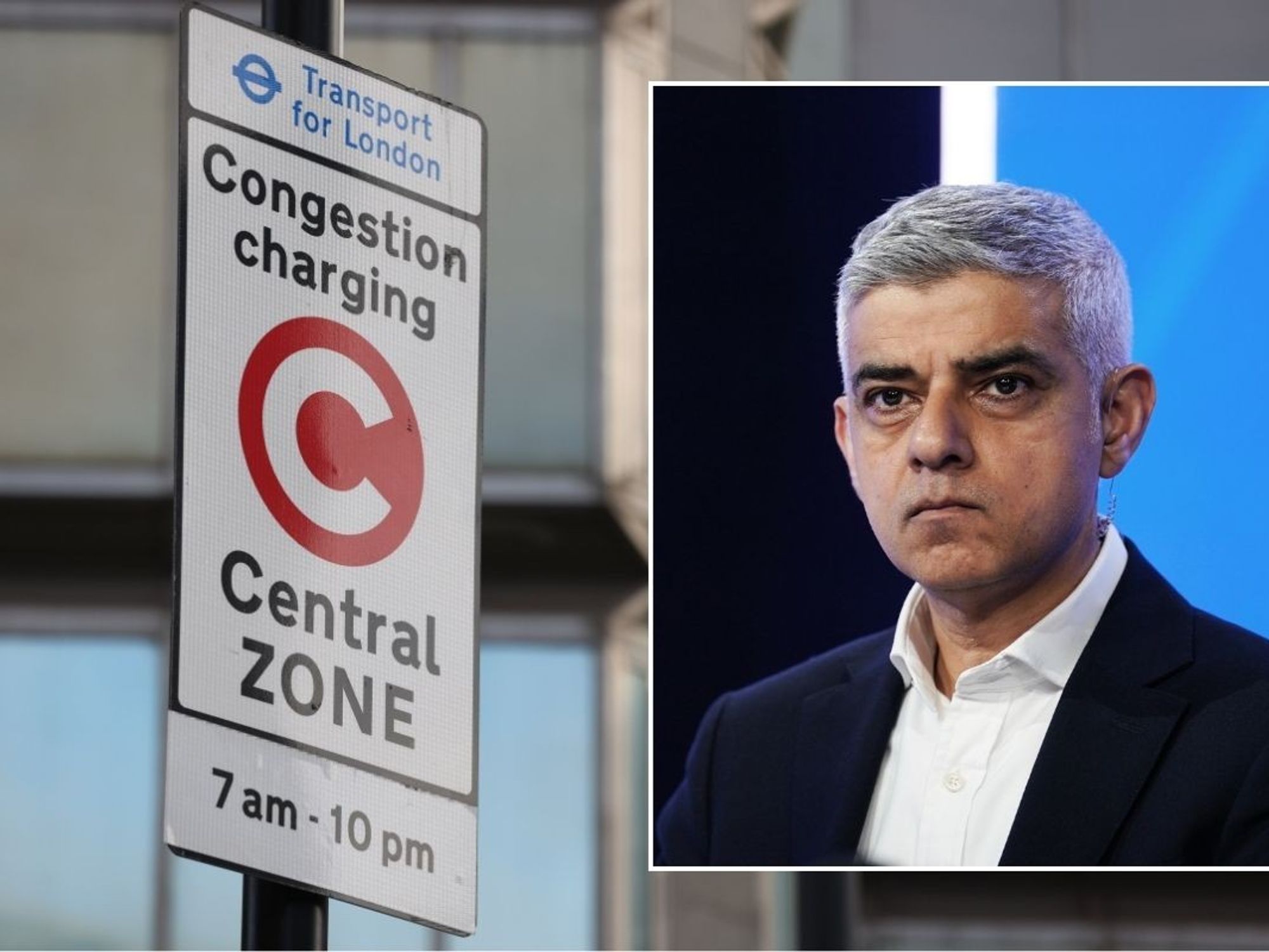 Congestion Charge sign and London Mayor Sadiq Khan