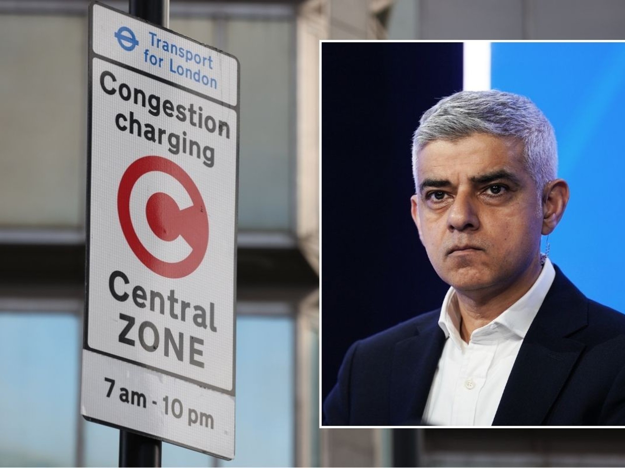 Congestion Charge sign and London Mayor Sadiq Khan