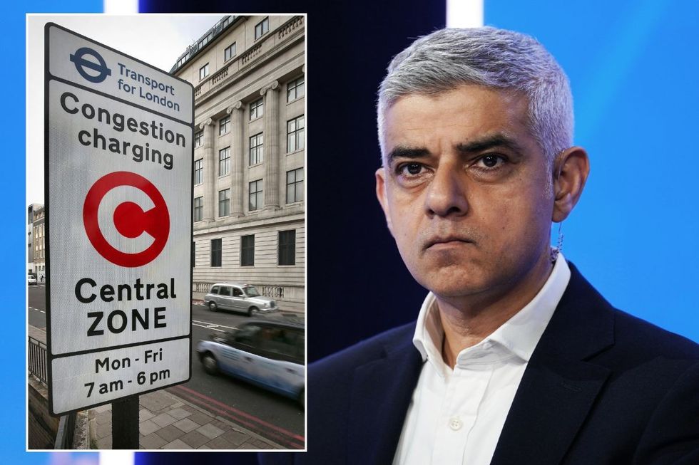 Congestion Charge sign and London Mayor Sadiq Khan