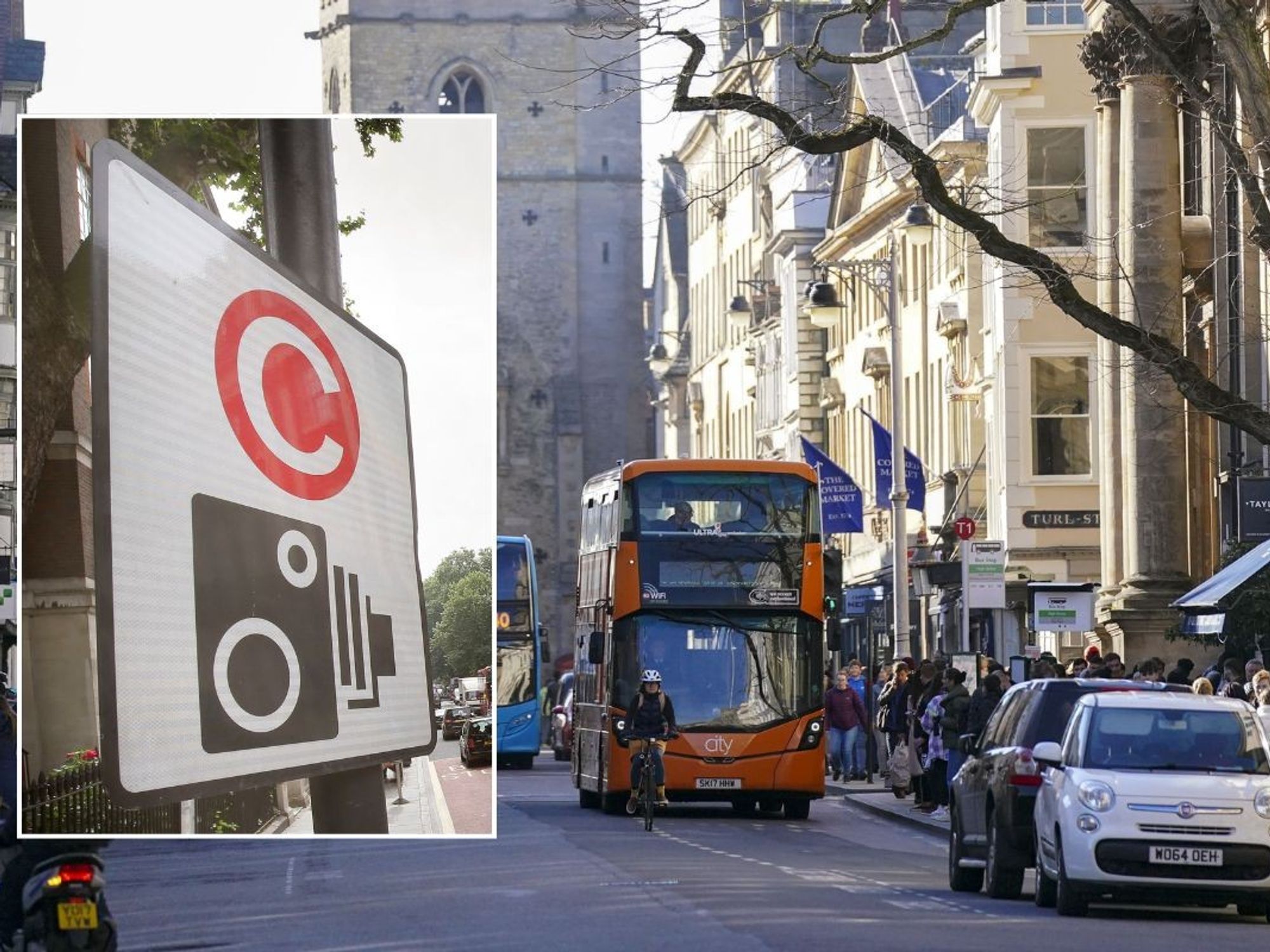 Congestion charge sign and Oxford town centre