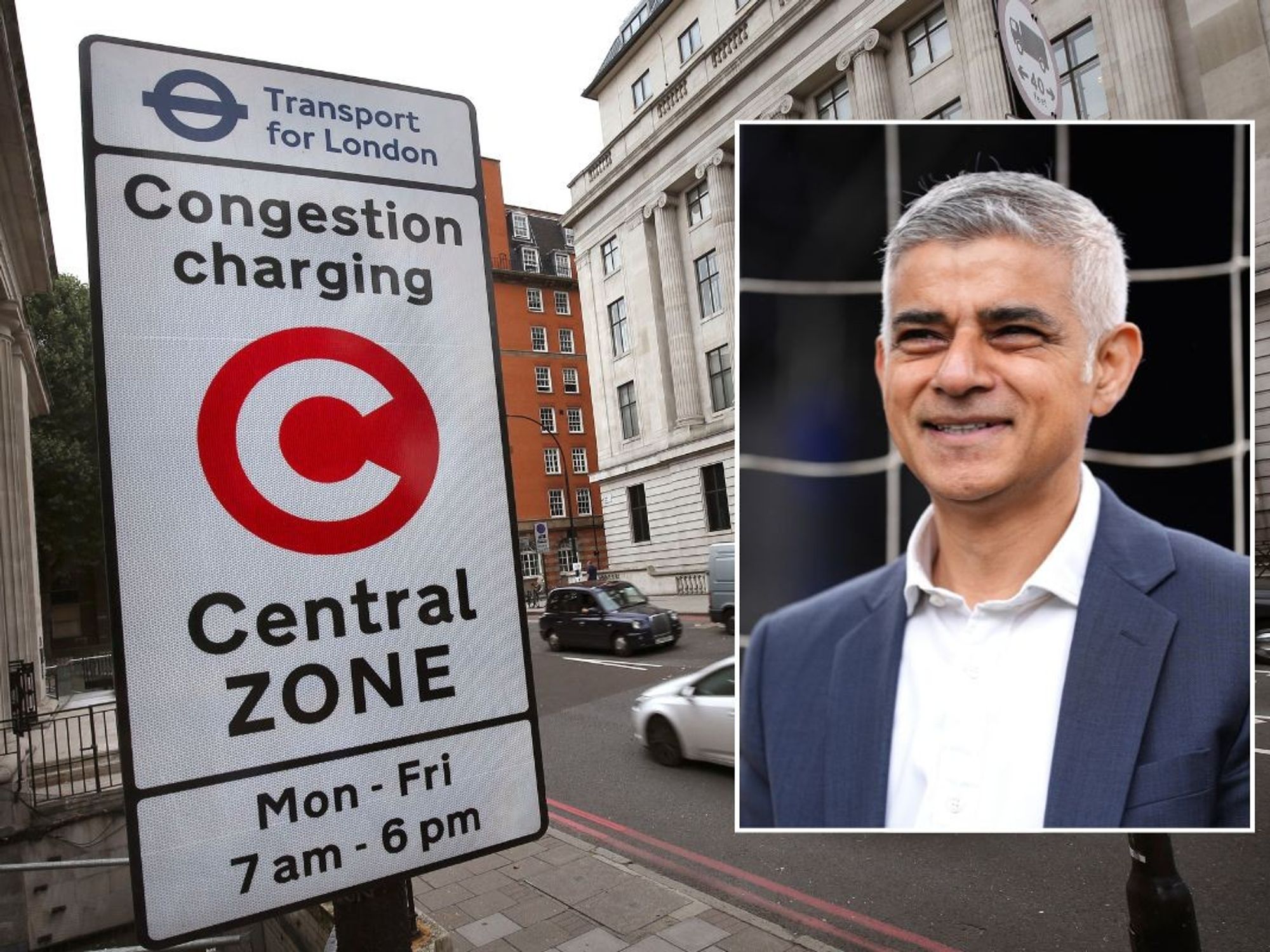 Congestion Charge sign and Sadiq Khan