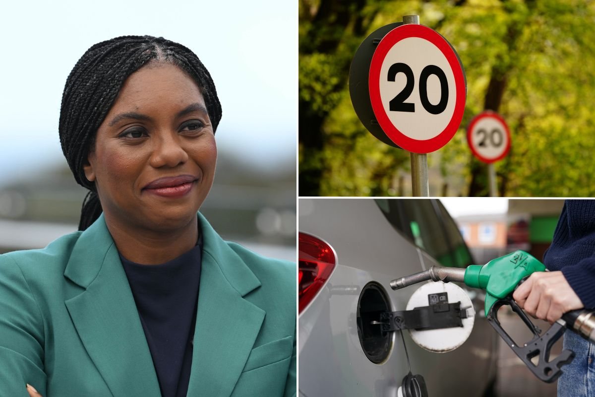 Conservative leader Kemi Badenoch, a 20mph sign and a petrol pump
