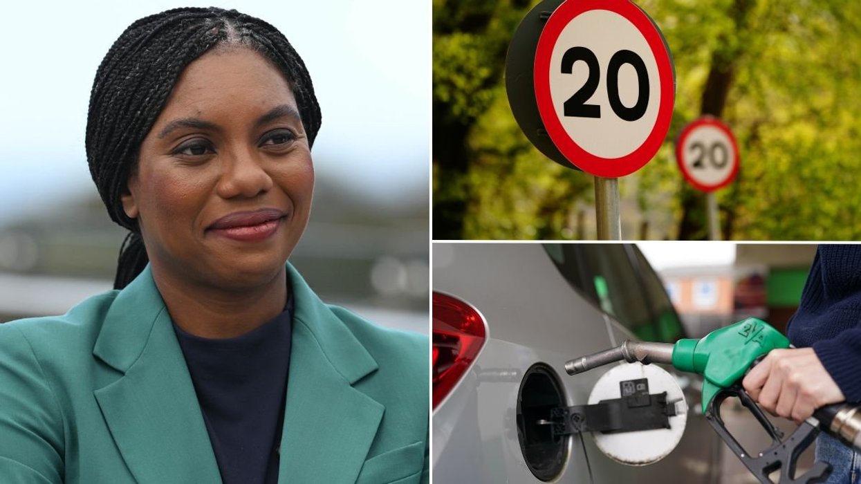 Conservative leader Kemi Badenoch, a 20mph sign and a petrol pump