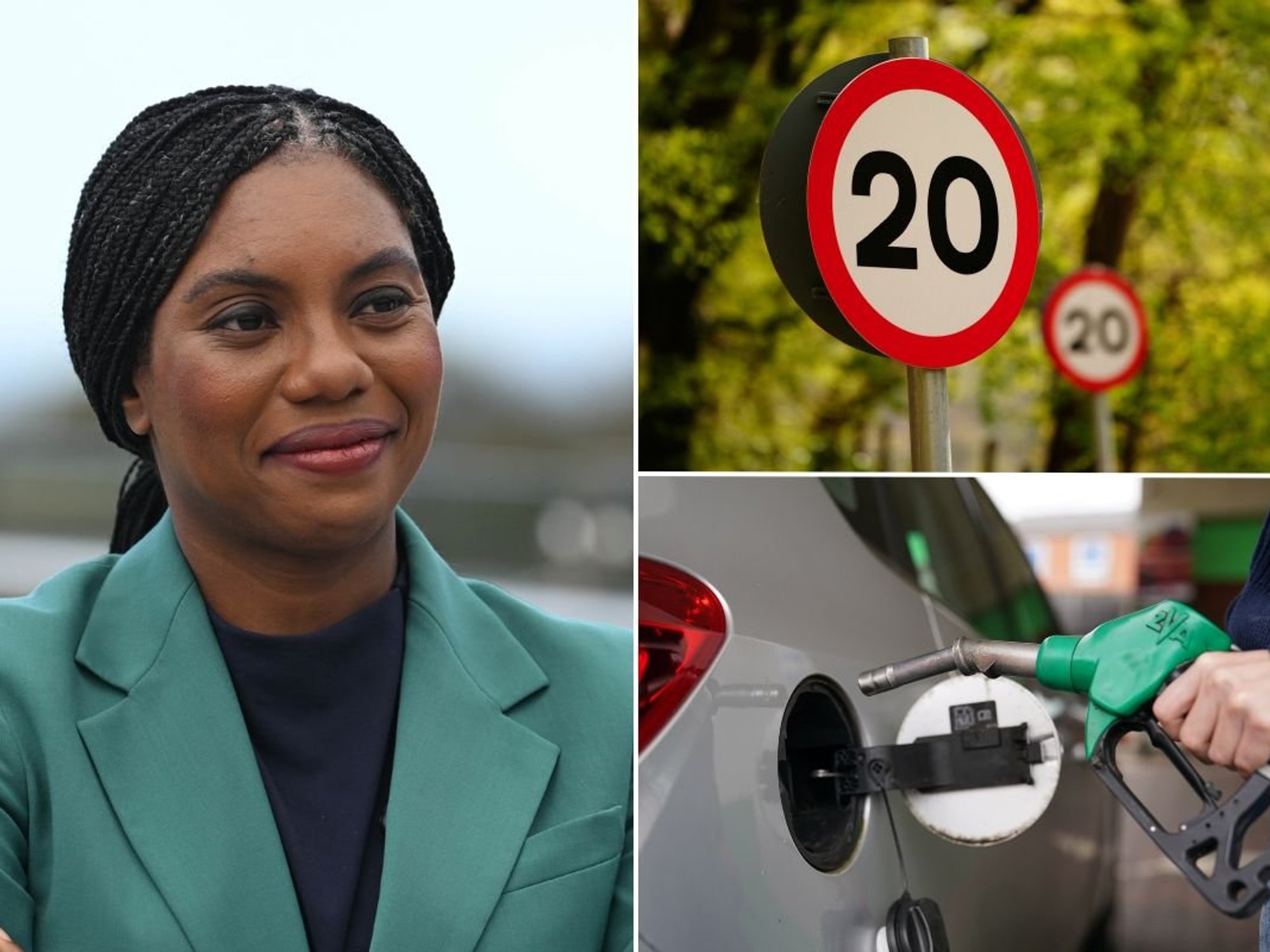 Conservative leader Kemi Badenoch, a 20mph sign and a petrol pump