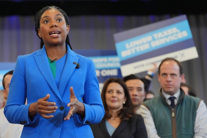 Conservative Party leader Kemi Badenoch speaking at their local election campaign launch at The Curzon Centre in Beaconsfield, Buckinghamshire