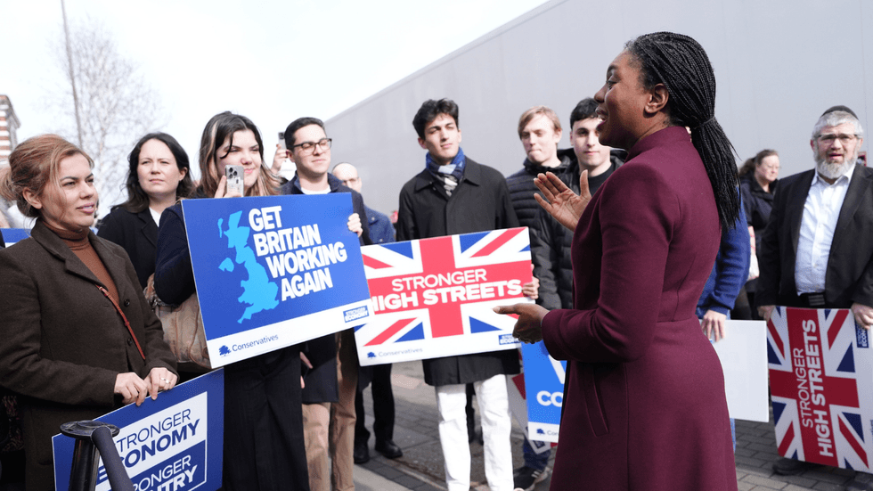 Conservative Party leader Kemi Badenoch speaks with local councillors party activists on Golders Green Road