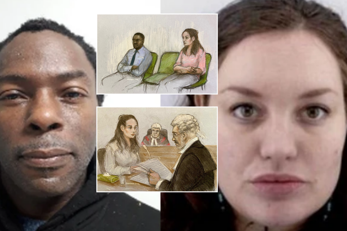 Constance Marten and Mark Gordon alongside insets of court sketches