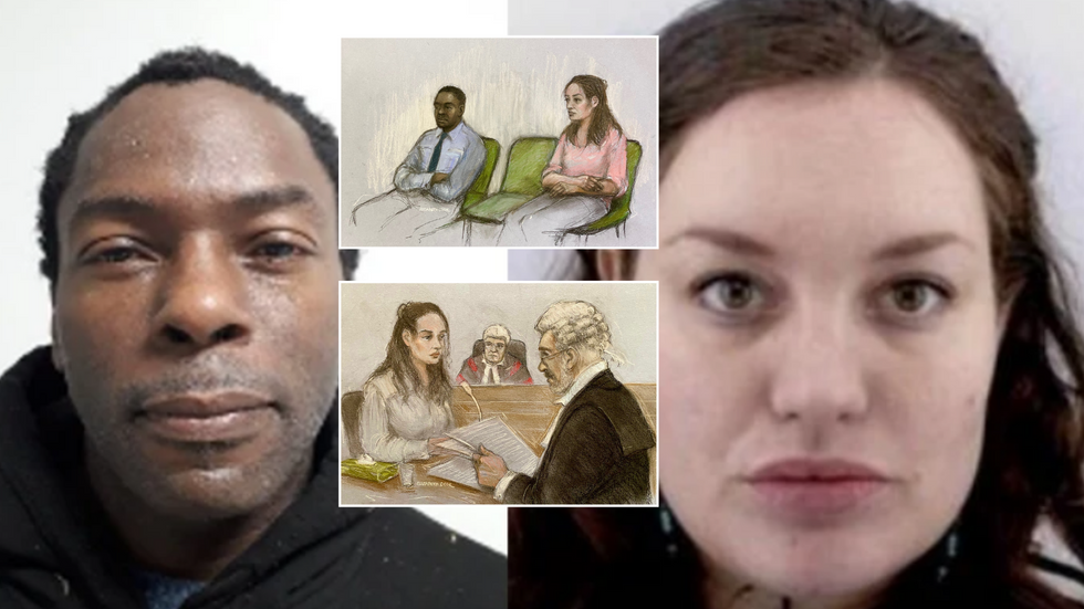 Constance Marten and Mark Gordon alongside insets of court sketches