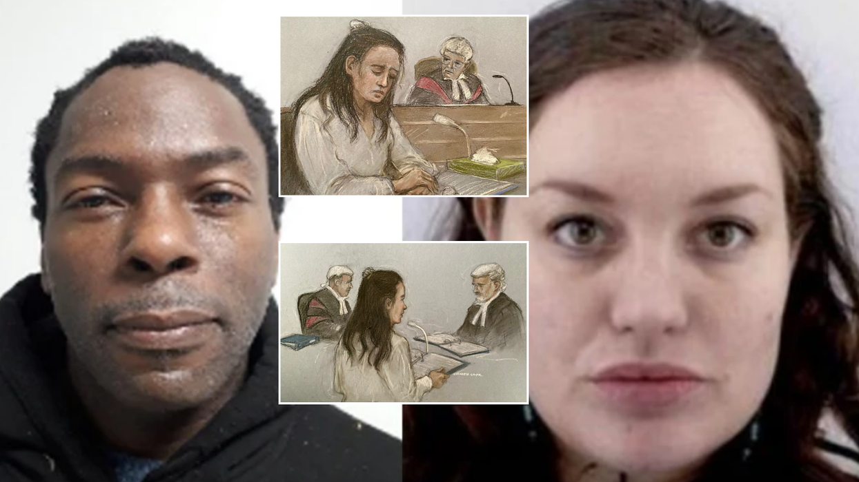 Constance Marten and Mark Gordon alongside insets of sketches of Marten in court