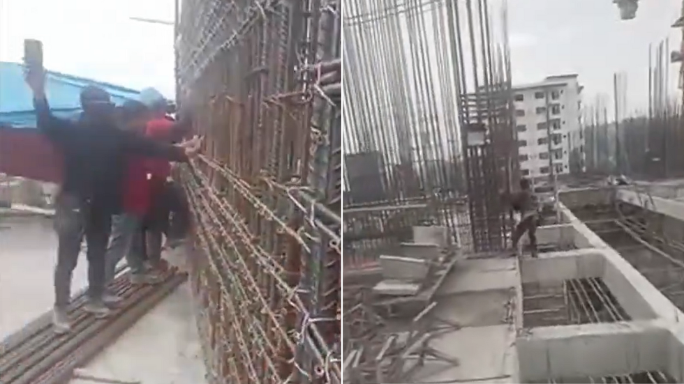 Construction workers running for cover several floors up