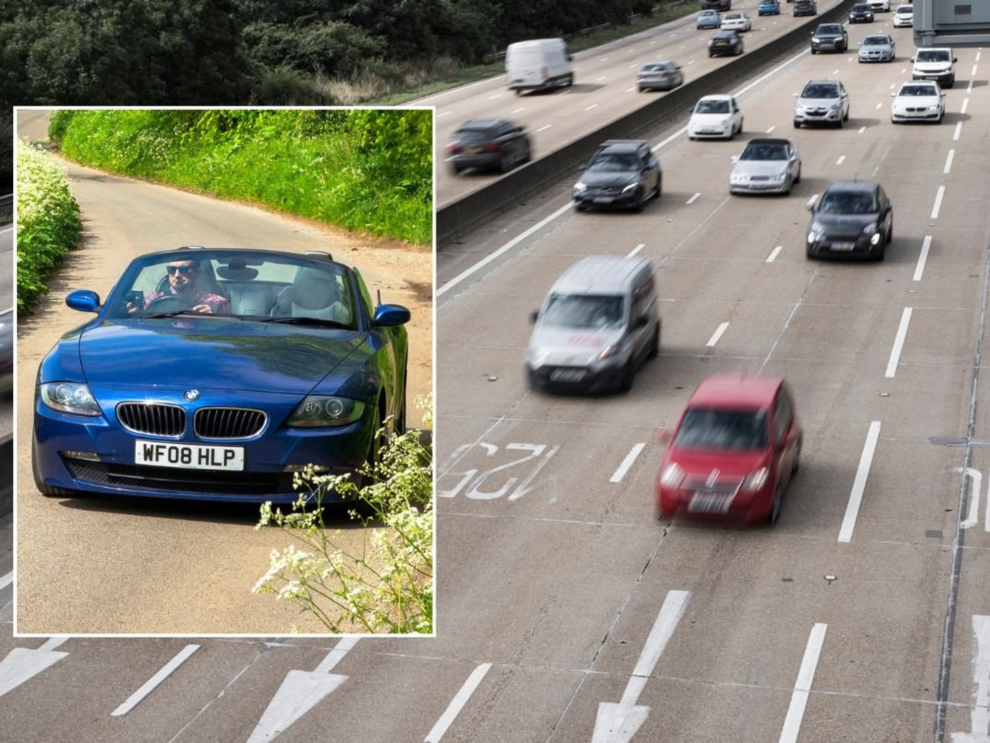 Convertible and a busy road