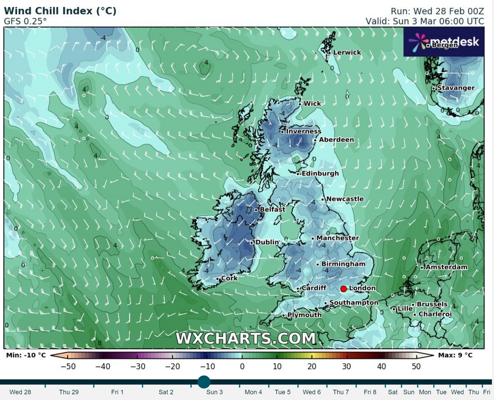 Cooler temperatures will teeter towards freezing by the end of the week, with WXCHARTS forecasting lows of -5C in the Scottish Borders region