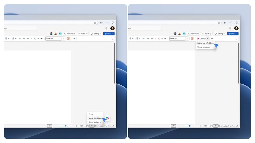 Copilot ribbon at top right corner of screen