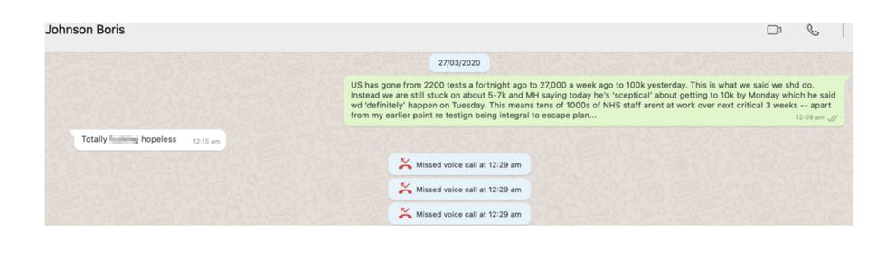COPY PIXELATED BY PA PICTURE DESK Screengrab from the blog of Boris Johnsons former aide Dominic Cummings who has published a WhatsApp exchange in which the Prime Minister appeared to describe Health Secretary Matt Hancocks performance as totally f***ing hopeless. Issue date: Wednesday June 16, 2021.