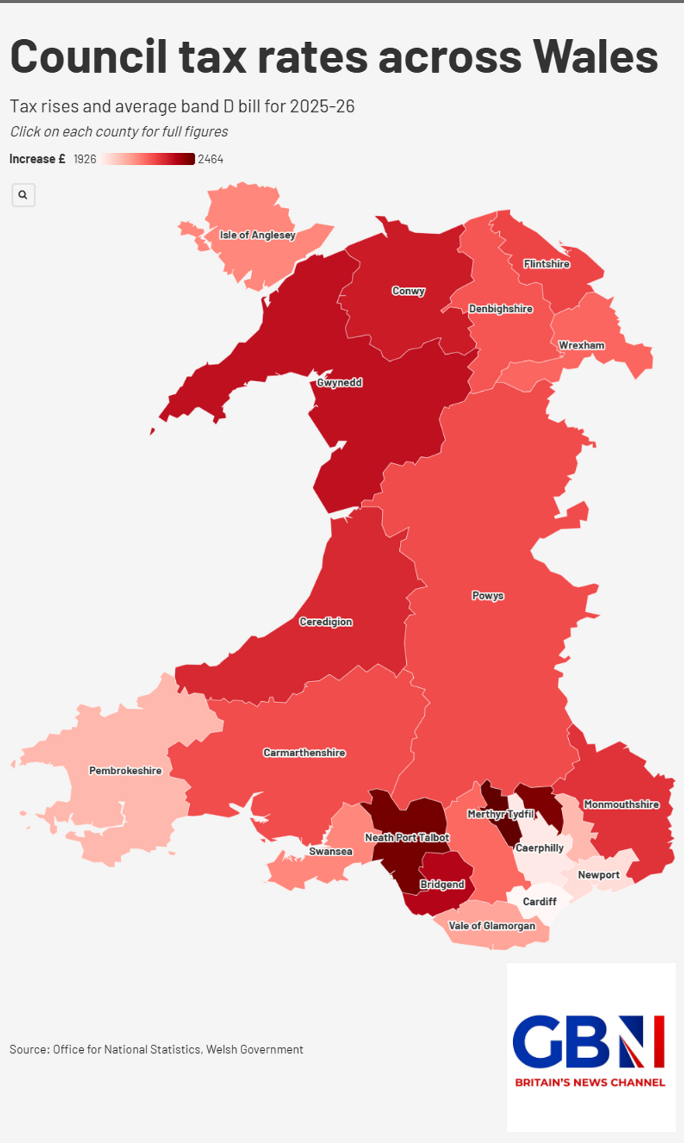 Council tax rates across Wales