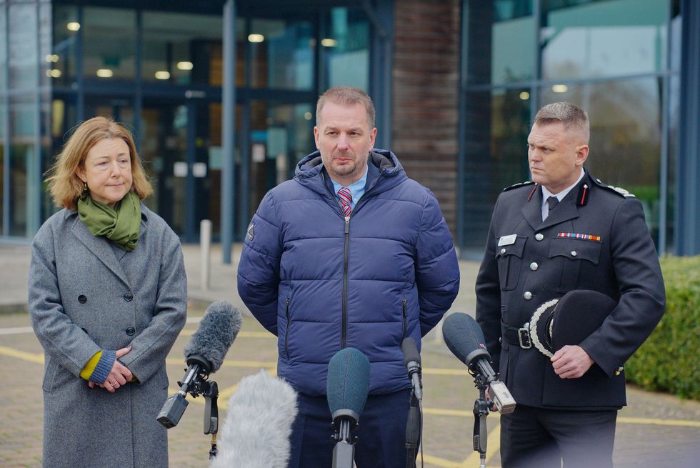 Councillor Chloe Turner (left) Det Supt Ian Fletcher from Gloucestershire Constabulary (centre) and Deputy Chief Fire Officer Nathaniel Hooton (right) from Gloucestershire Fire and Rescue Service at a press conference at Gloucestershire police headquarters