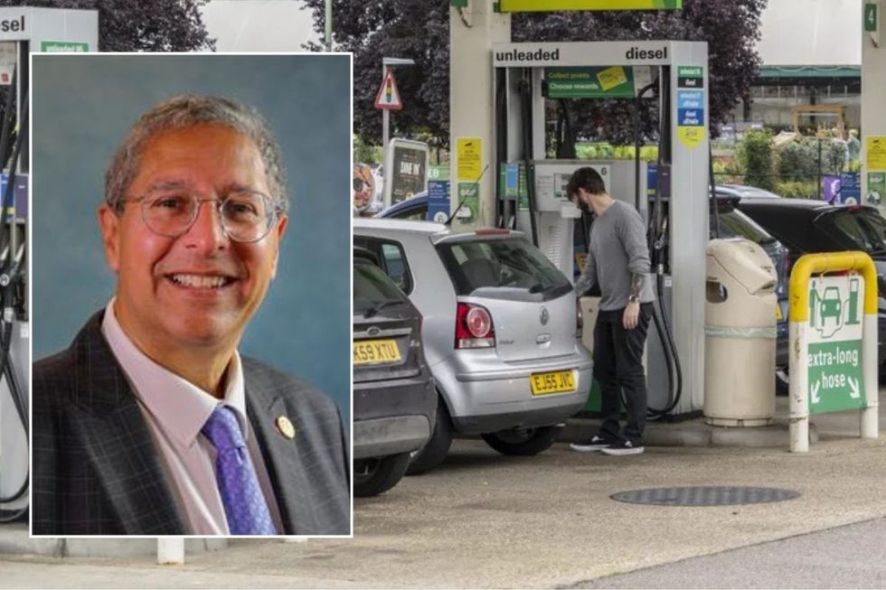 Councillor Simon Fawthrop and a petrol station