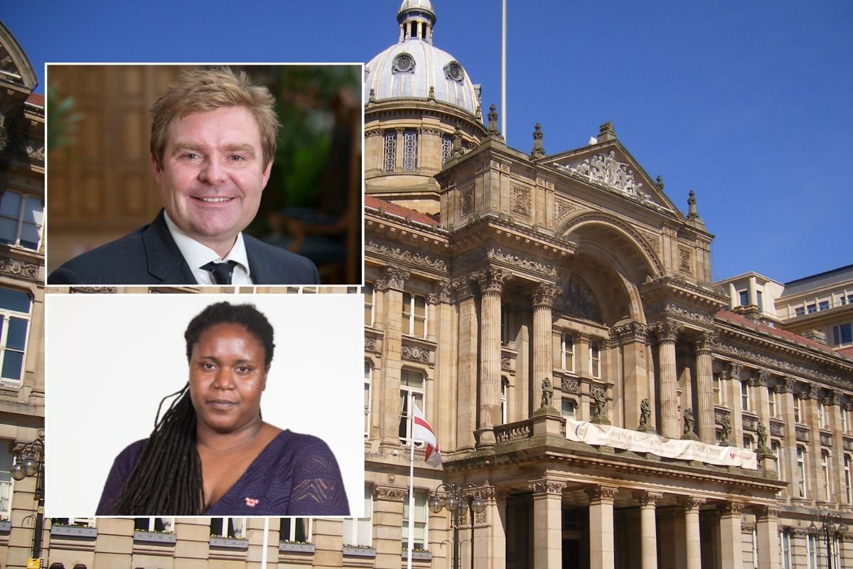 Councillors John Cotton and Sharon Thompson superimposed in front of Birmingham city council