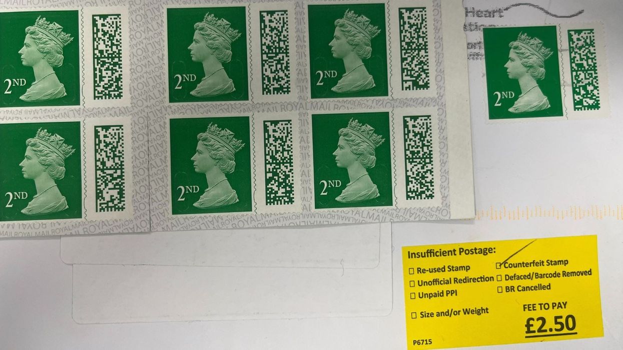Counterfeit Royal Mail stamps on the left, real stamp on the right