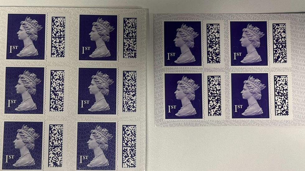 Counterfeit Royal Mail stamps on the left, real stamp on the right