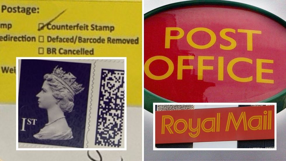 Counterfeit stamp label and Natasha's first class stamp beside Post Office and Royal Mail logos