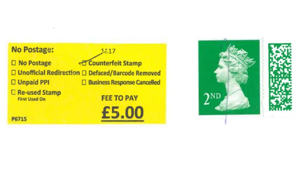 Counterfeit stamp sticker and counterfeit second class stamp