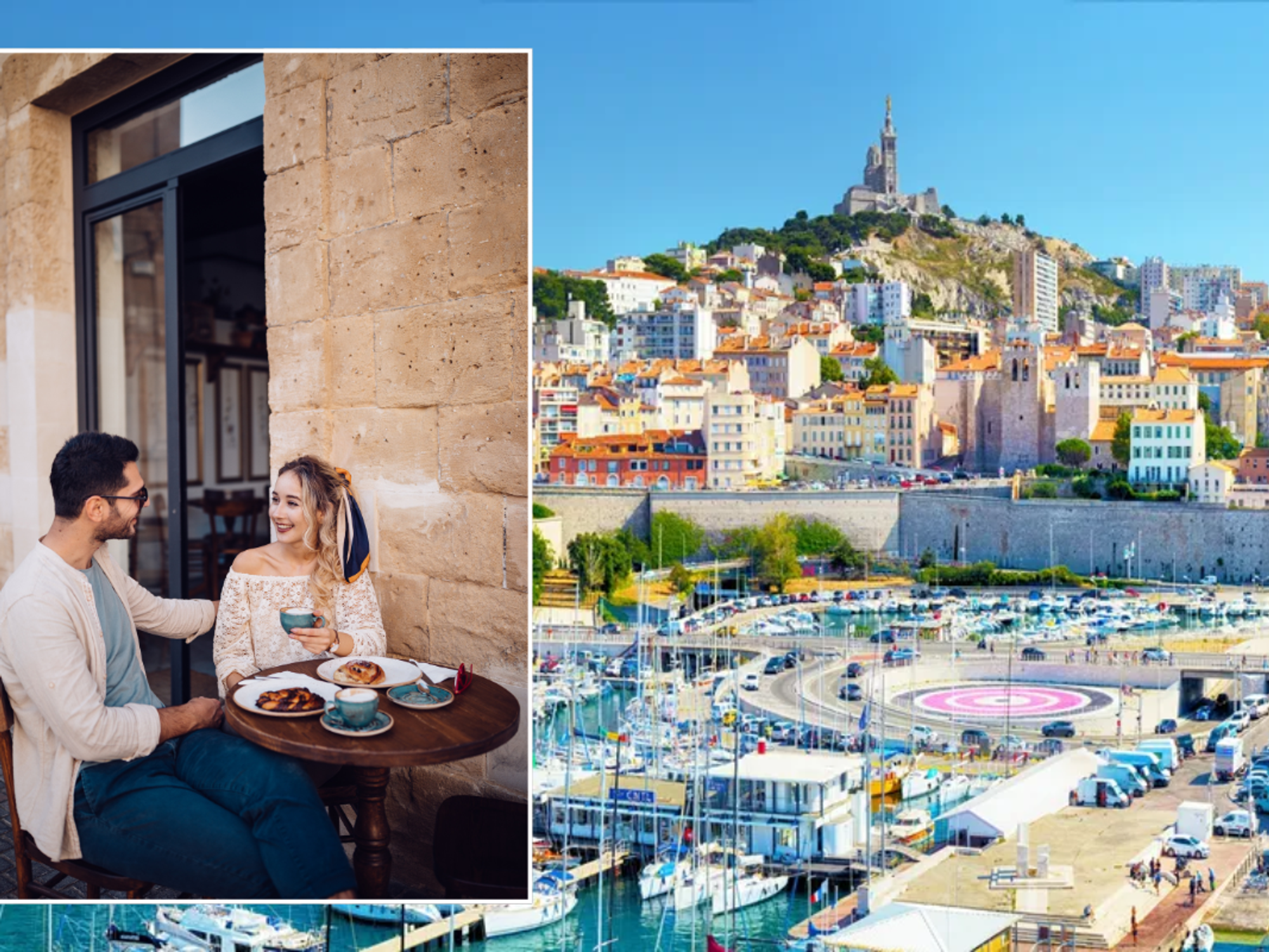 Couple dining outside on European holiday / Marseille, France