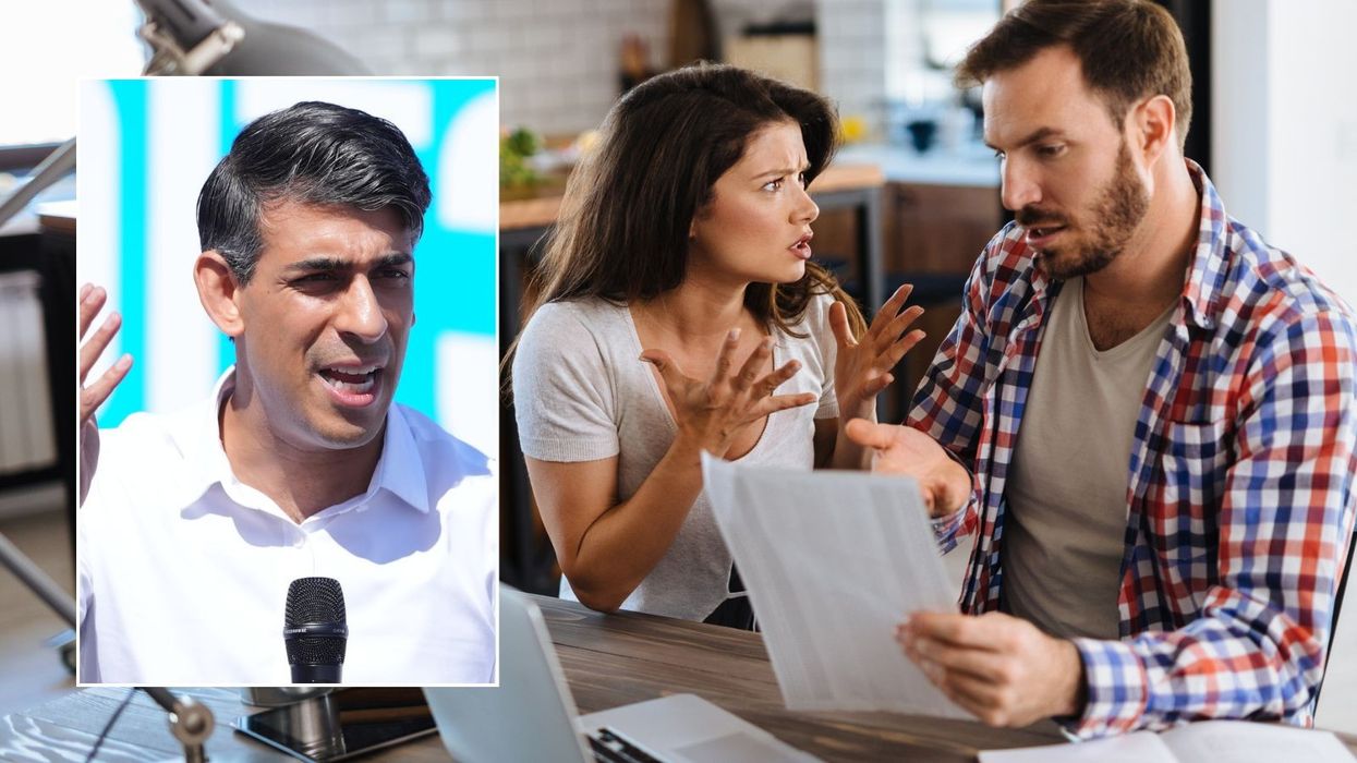 Couple going over finances and Prime Minister Rishi Sunak on campaign trail
