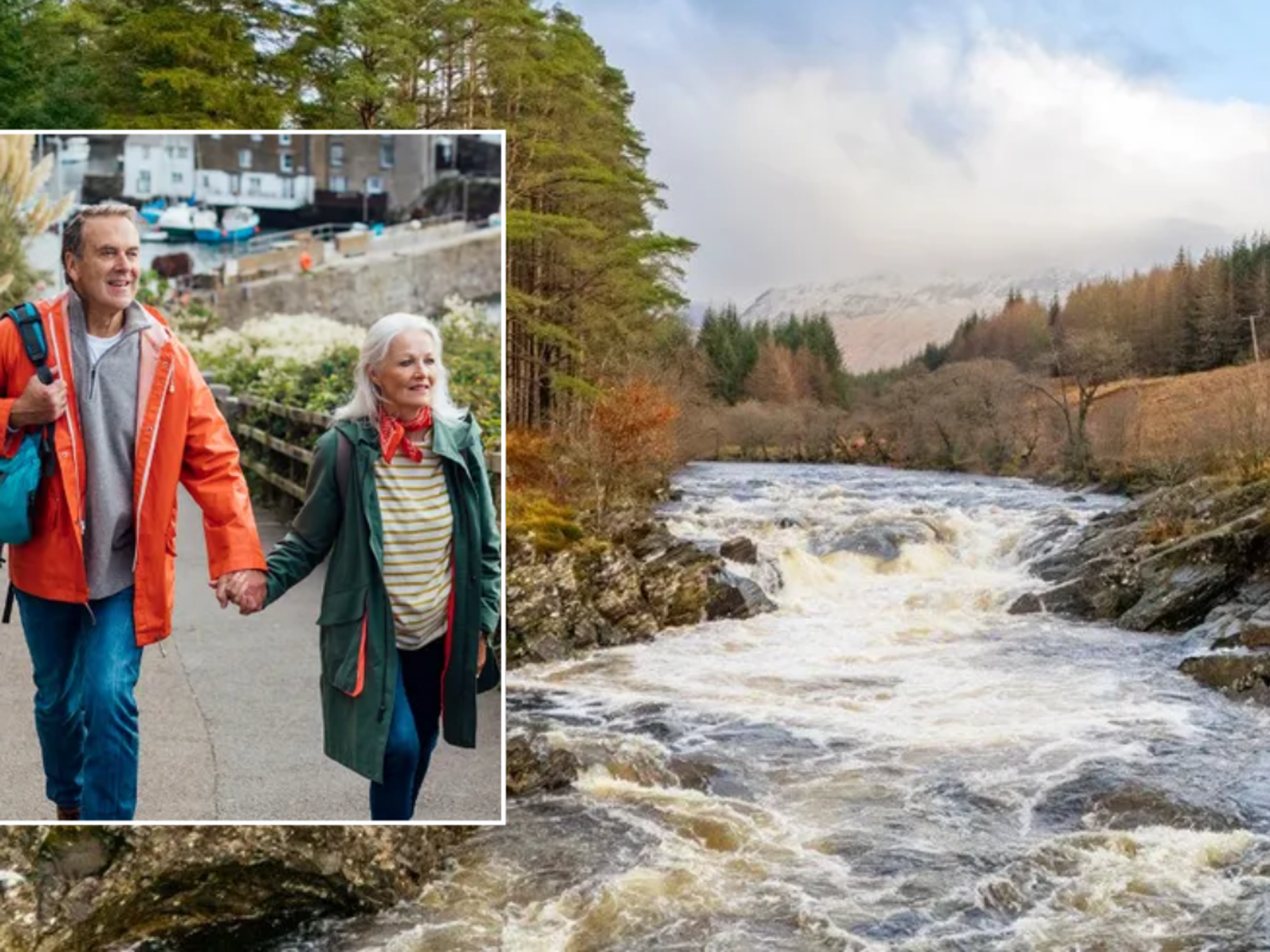 couple holding hands on UK break / Easan Dubha Waterfall in Glen Orchy Argyll and Bute, Scotland