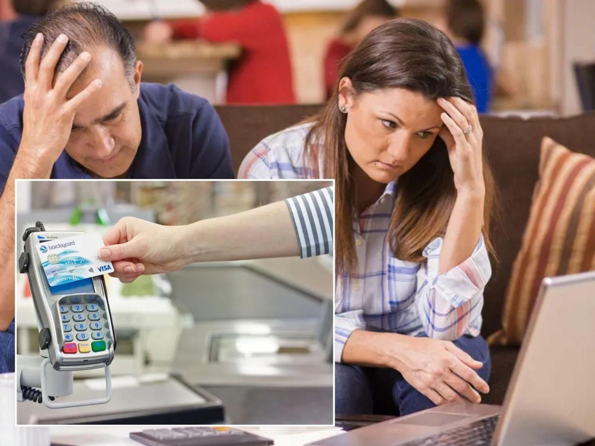 Couple look stressed at contactless bill