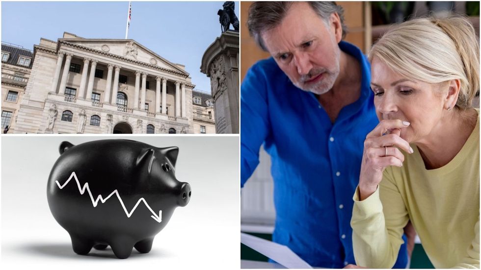Couple looking at form, Bank of England and piggy bank
