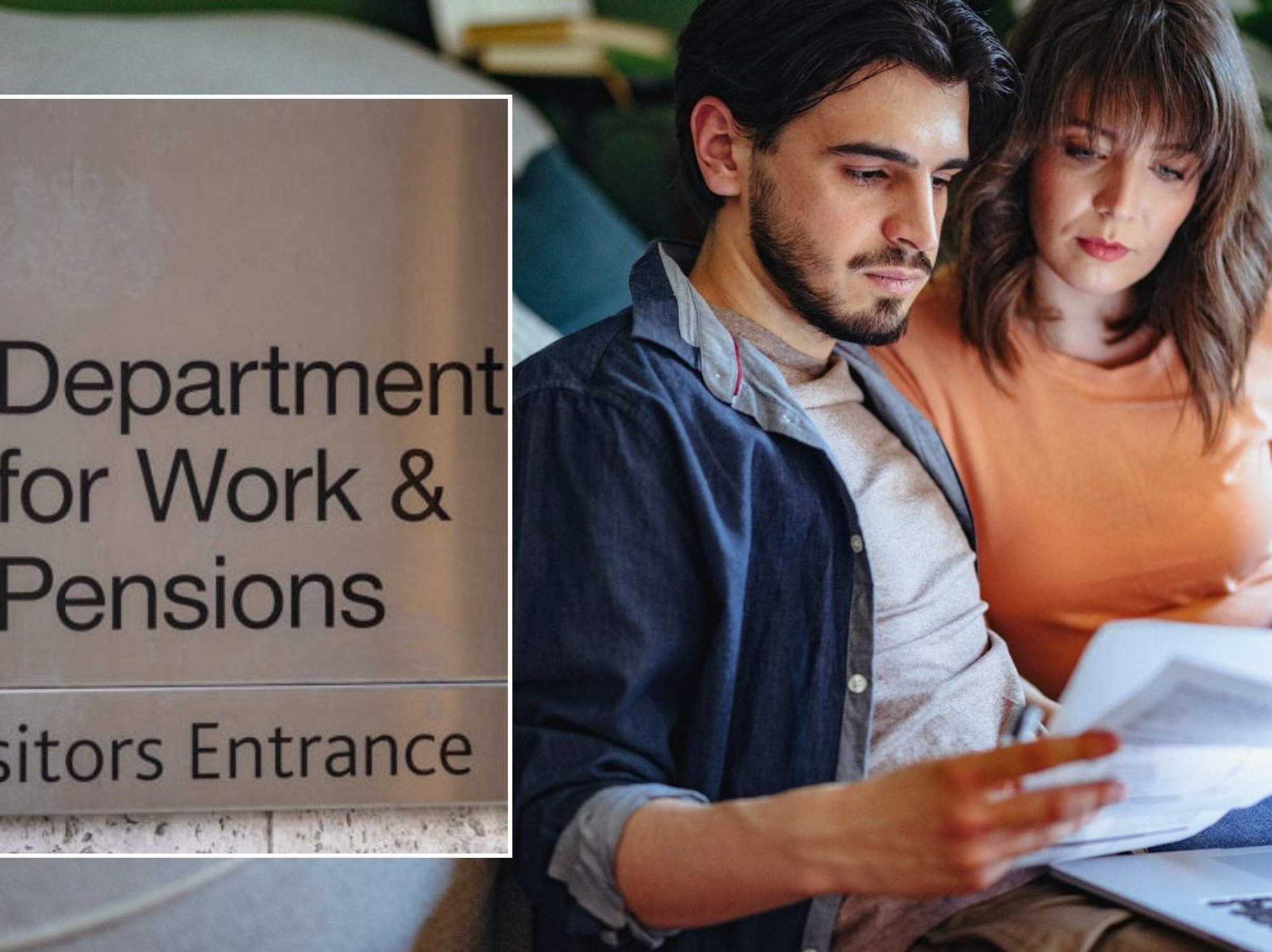 Couple looking at letter and DWP sign