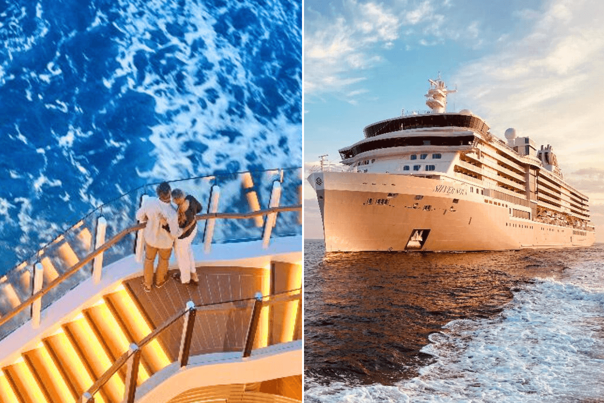 Couple looking at water on Silversea cruise ship / Silversea ship