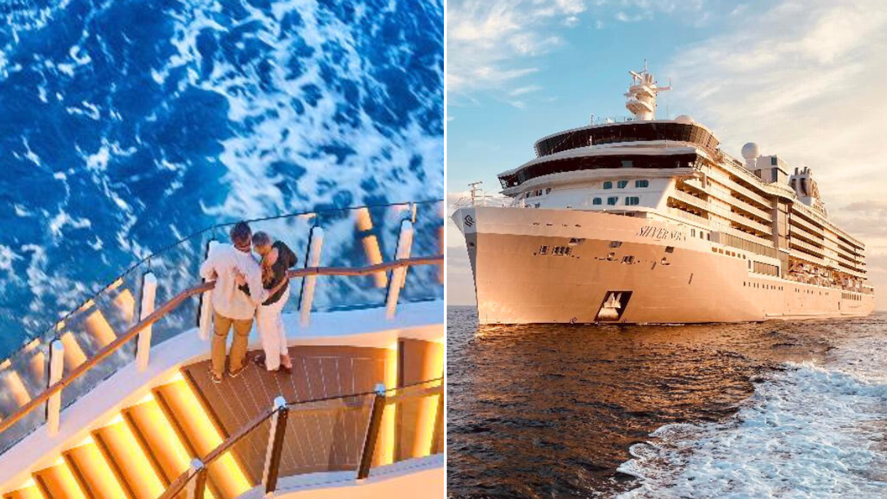 Couple looking at water on Silversea cruise ship / Silversea ship