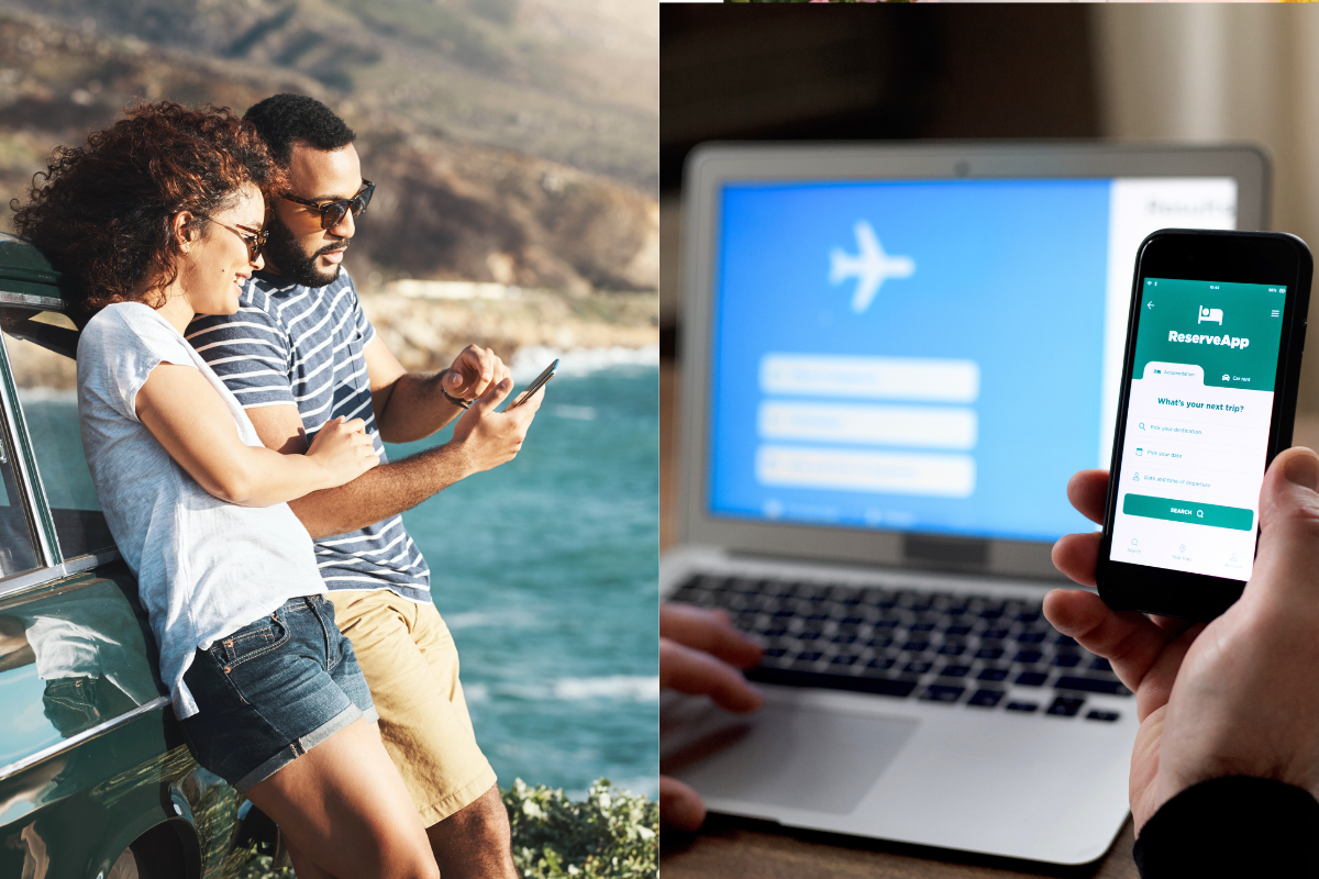 Couple on holiday and online travel booking