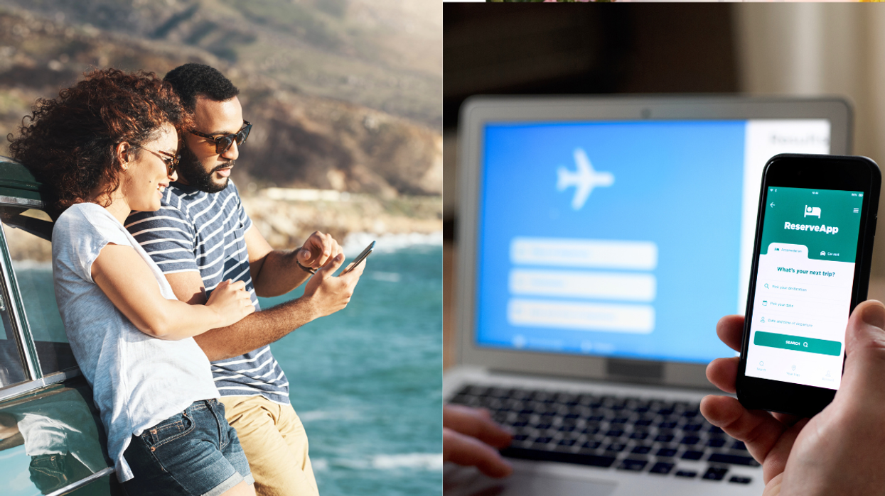 Couple on holiday and online travel booking
