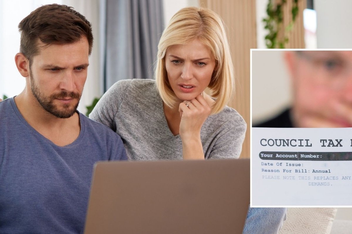 Couple shocked at laptop looking at council tax bills