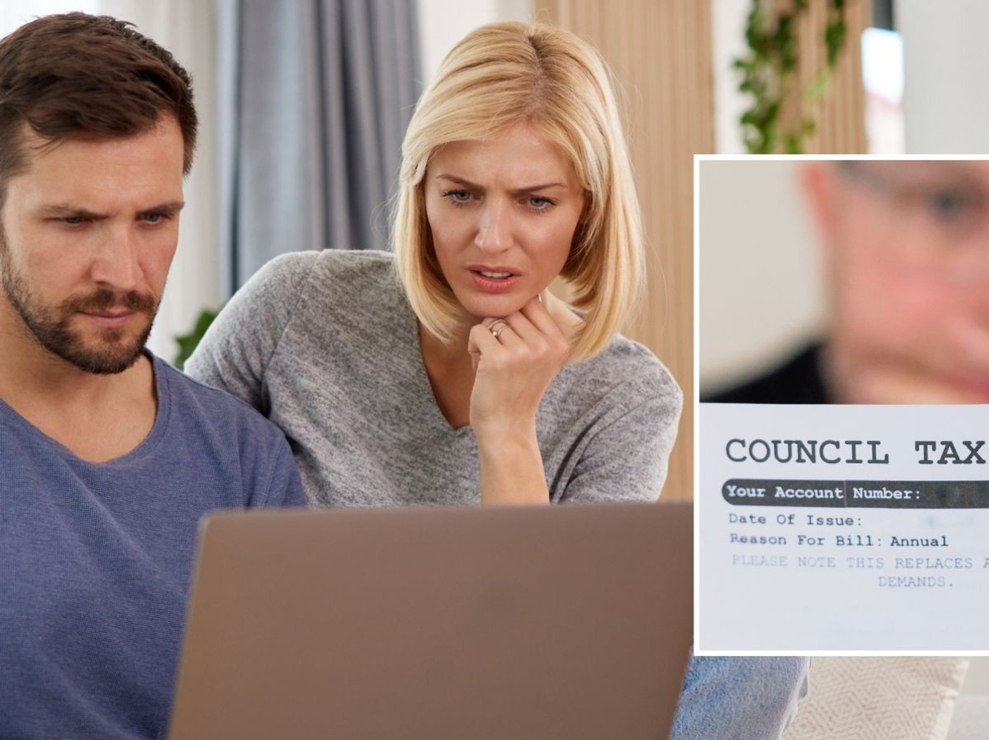 Couple shocked at laptop looking at council tax bills