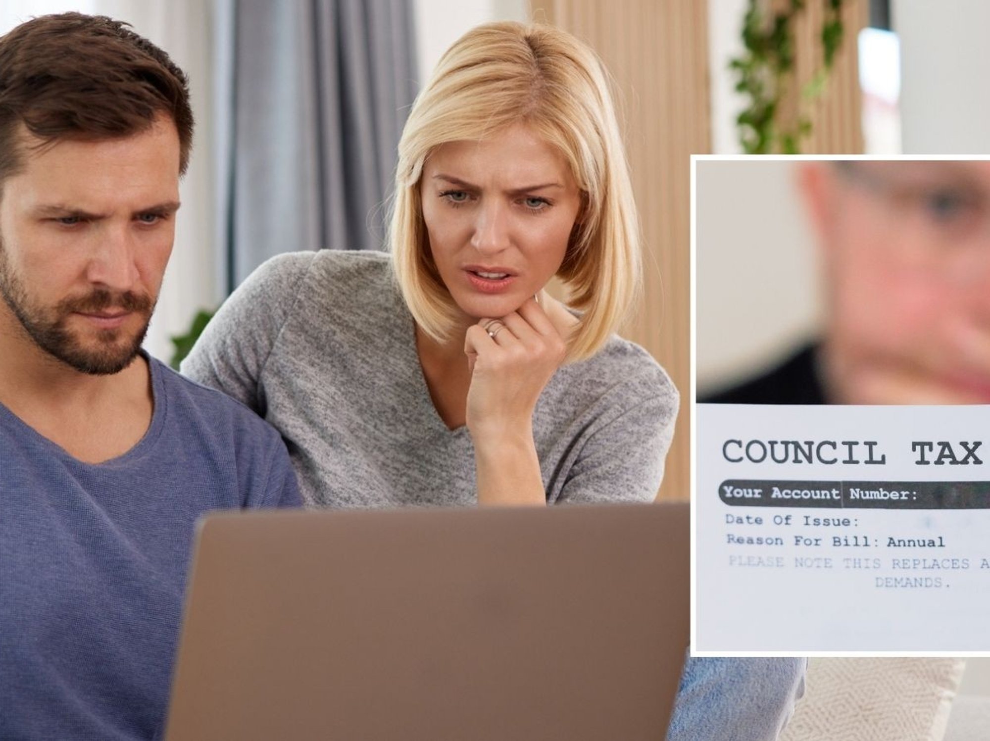 Couple shocked at laptop looking at council tax bills