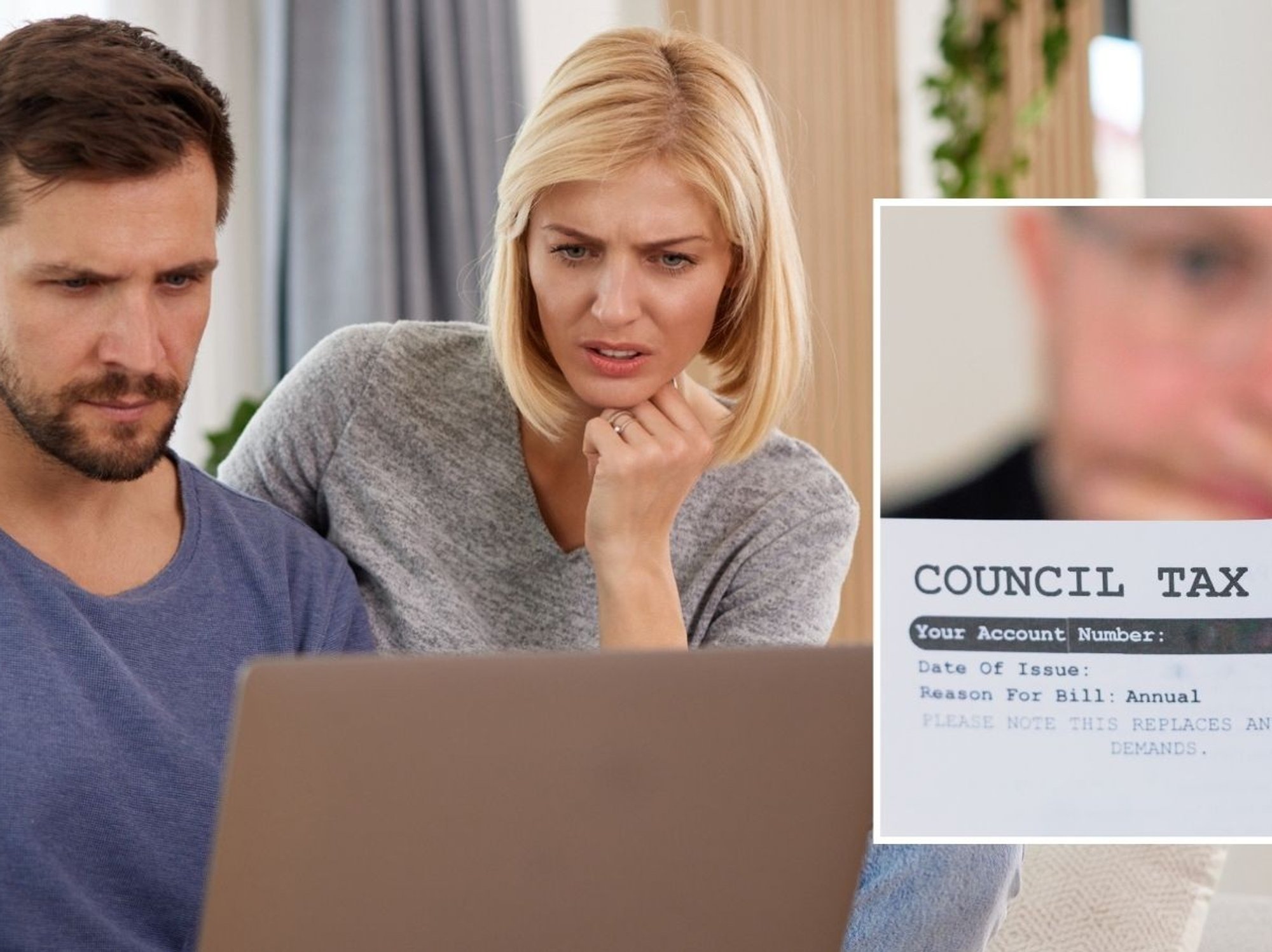 Couple shocked at laptop looking at council tax bills