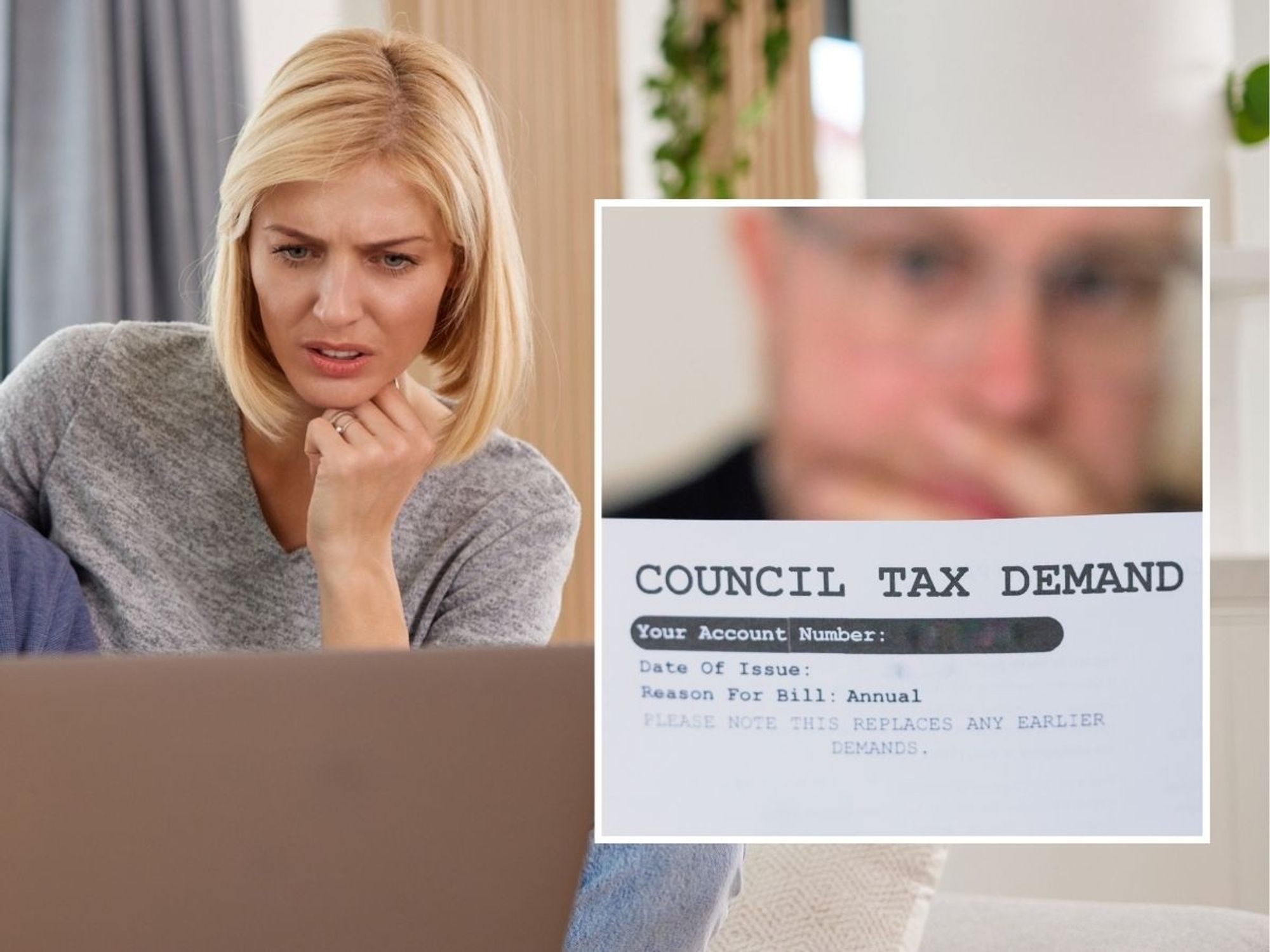 Couple shocked at laptop looking at council tax bills
