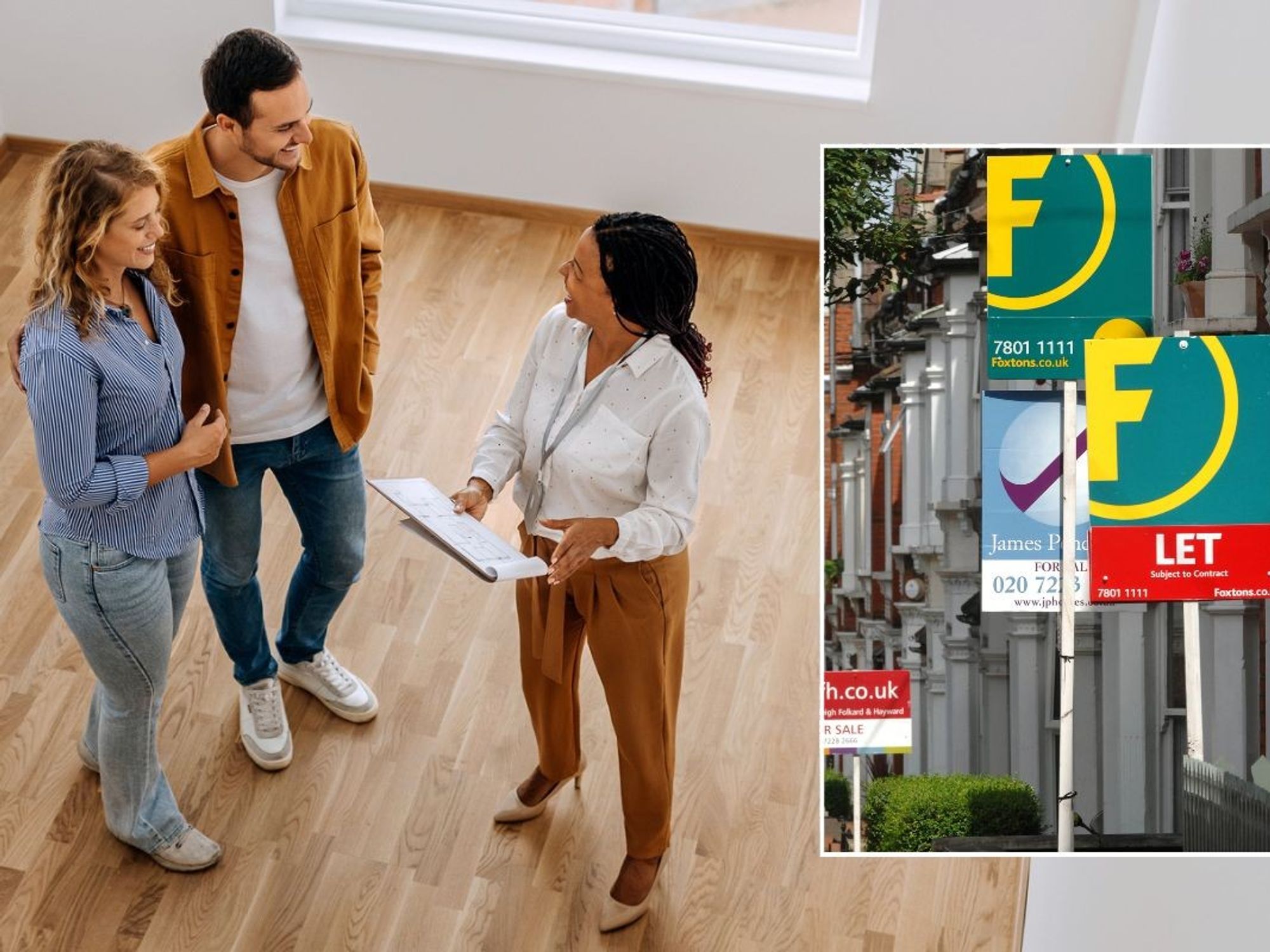 Couple viewing a property/To let signs