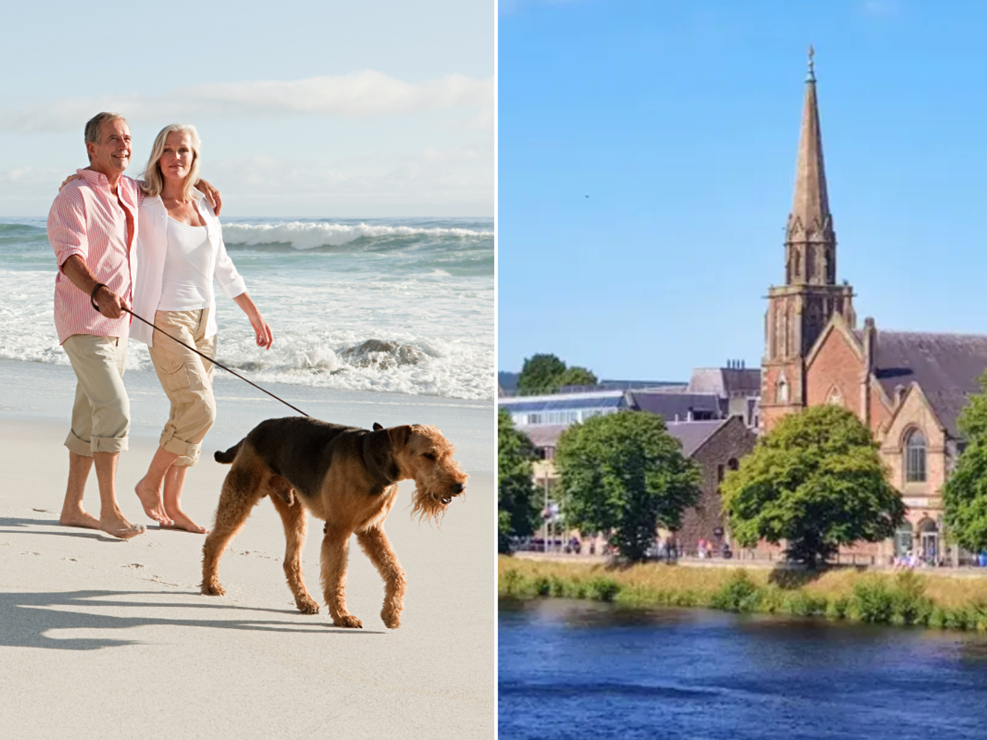 couple walking a dog on beach / Inverness