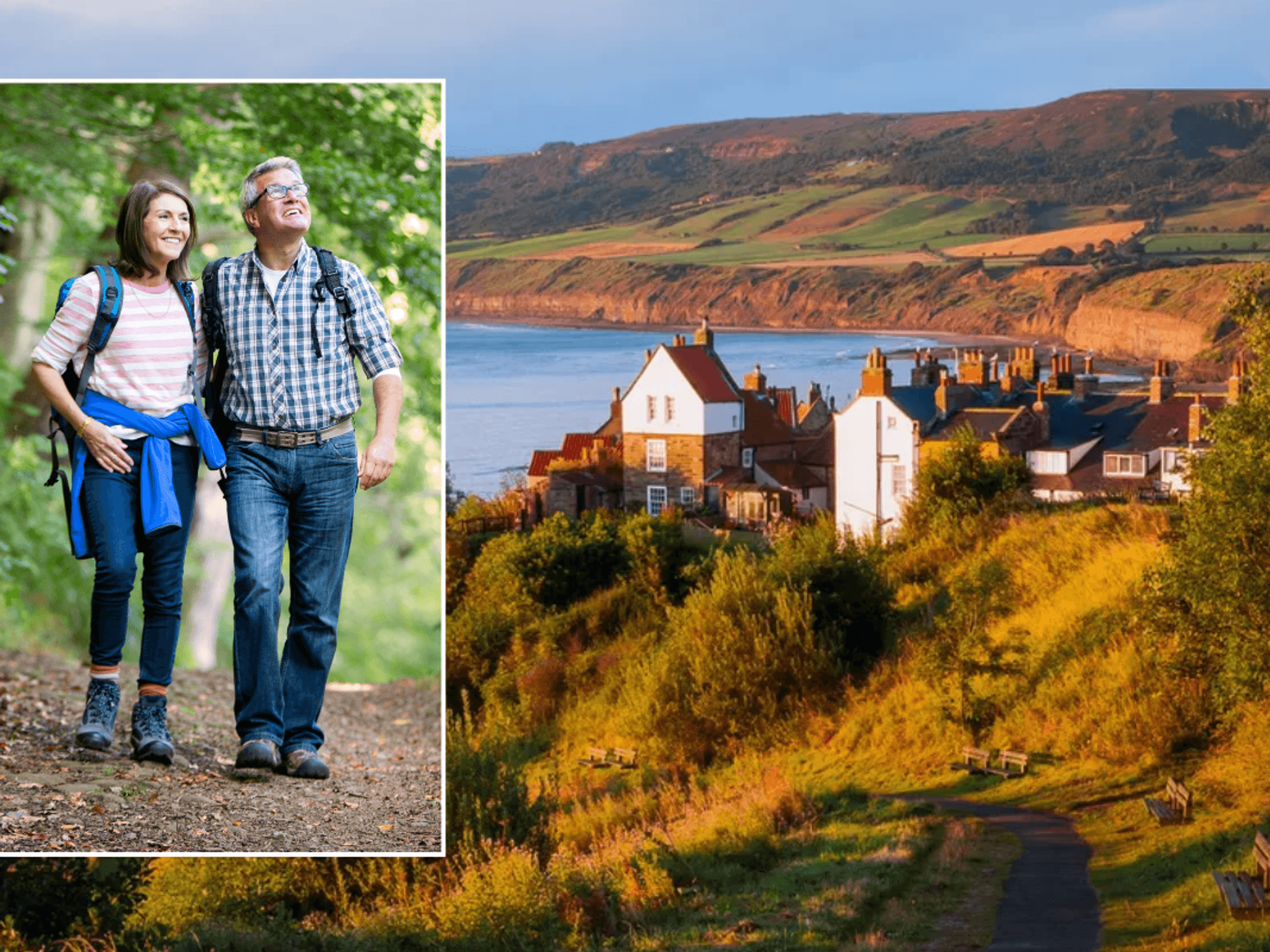 Couple walking in UK / Robin Hood's Bay, Yorkshire