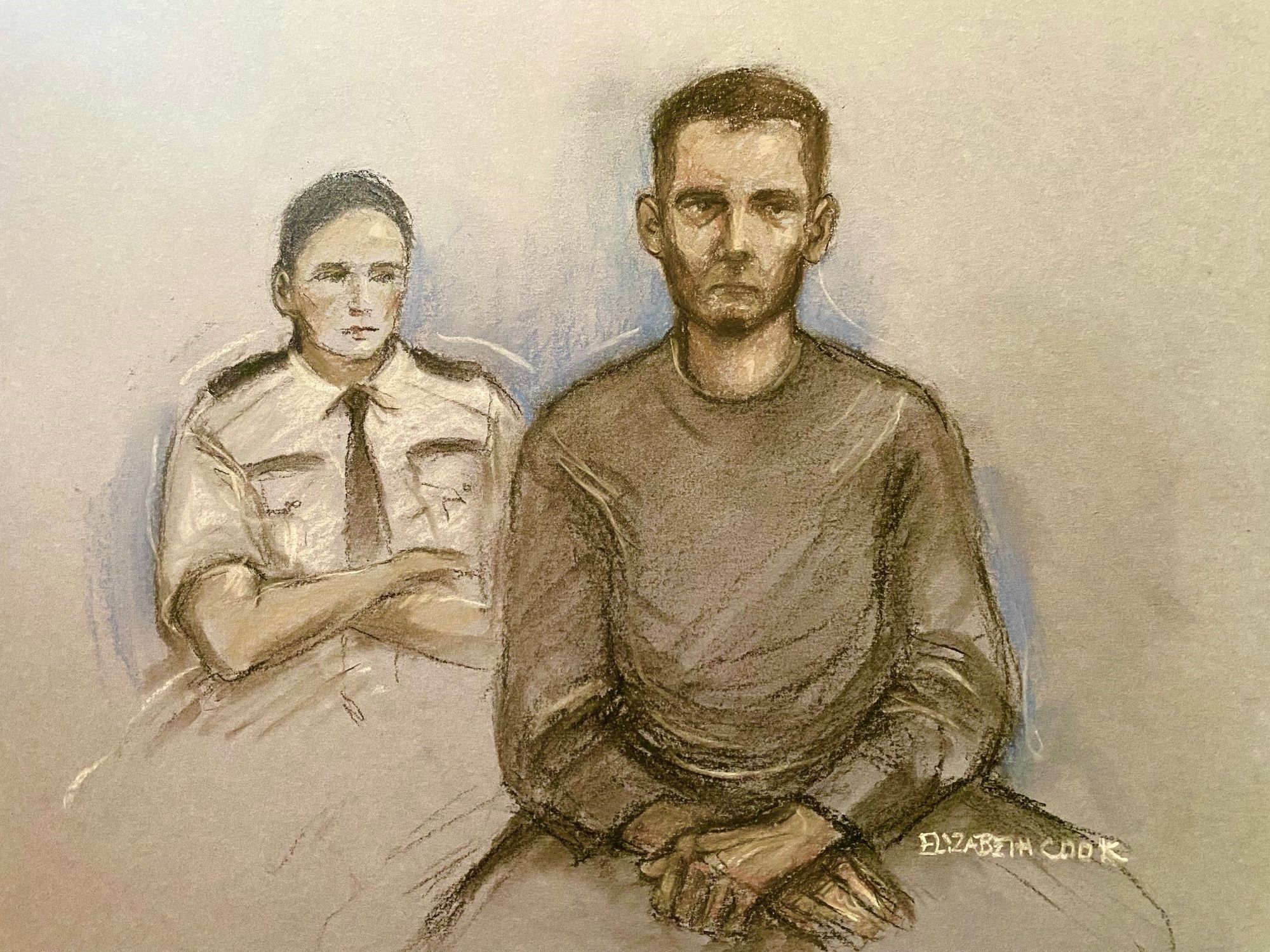 Court artist drawing by Elizabeth Cook of Ioan Pintaru appearing at Westminster Magistrates' Court, London, charged with attempted murder after an 11-year-old girl was stabbed in Leicester Square