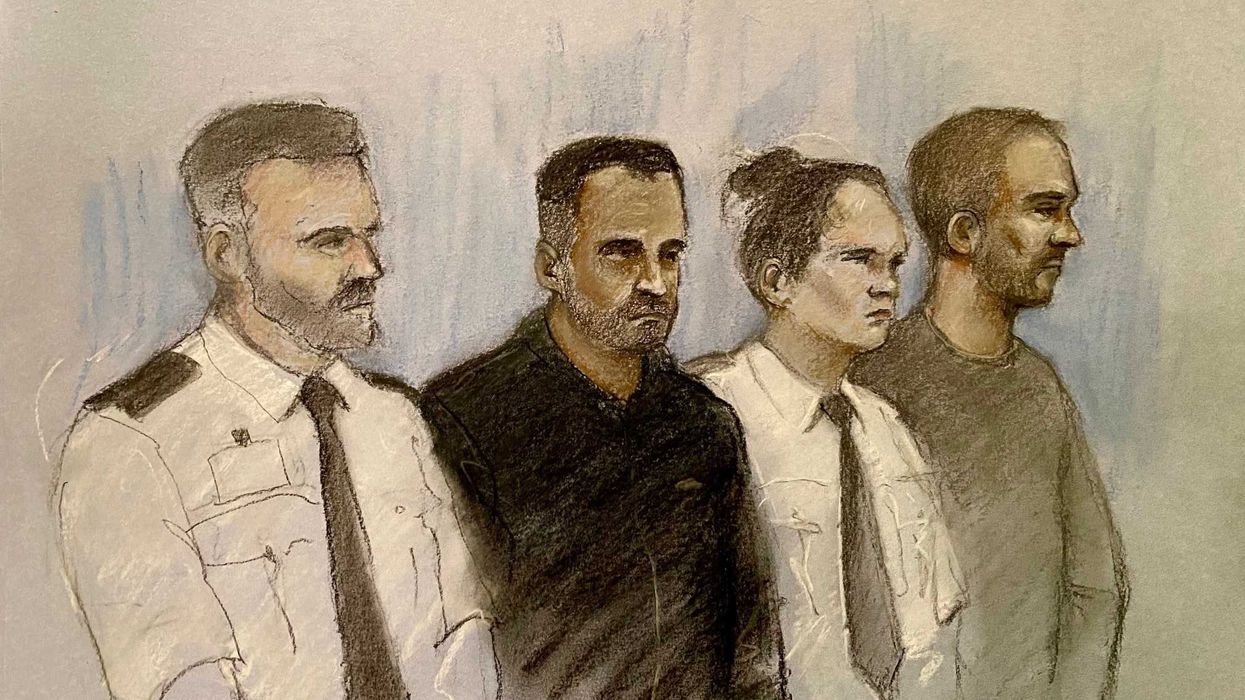 Court artist drawing by Elizabeth Cook of Mohammed Shabir (second left) and Calum Sunderland (right) appearing at Bradford Magistrates' Court