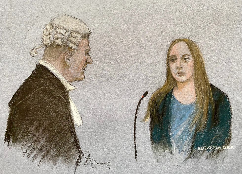 Court artist Elizabeth Cook's drawing of Letby's cross-examination