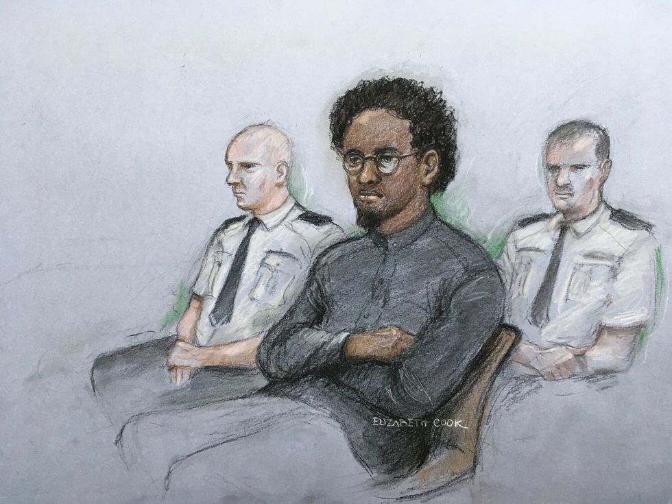Court artist sketch by Elizabeth Cook of Ali Harbi Ali in the dock at the Old Bailey in London accused of stabbing to death Sir David Amess, the Conservative MP for Southend West during a constituency surgery in Leigh-on-Sea in Essex on October 15. Picture date: Monday March 21, 2022.