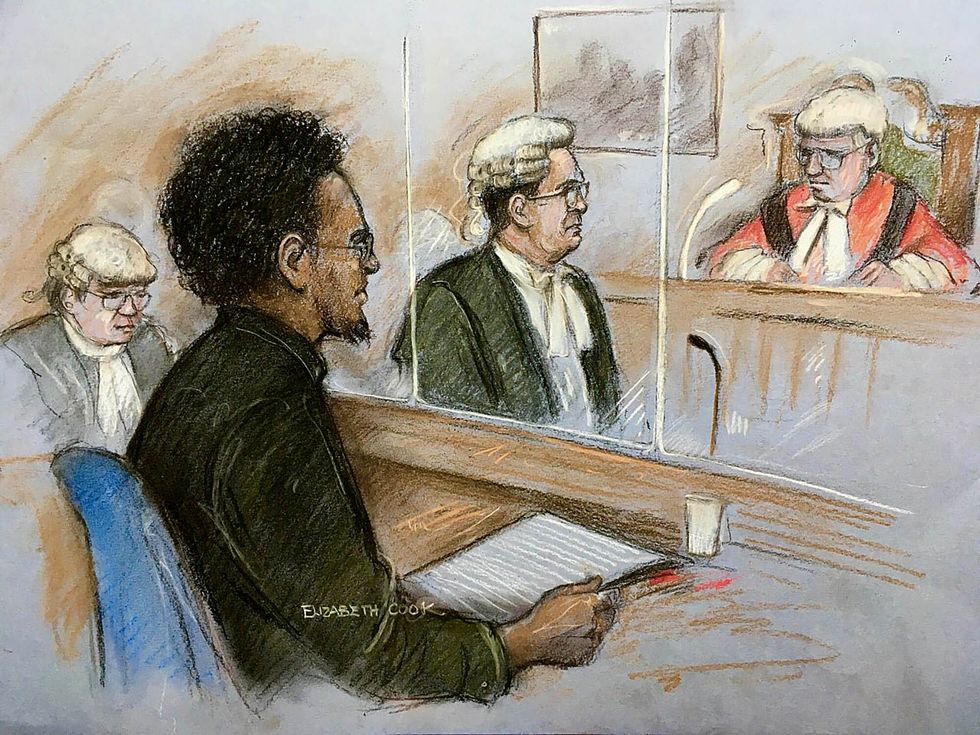 Court artist sketch by Elizabeth Cook of Ali Harbi Ali in the dock at the Old Bailey