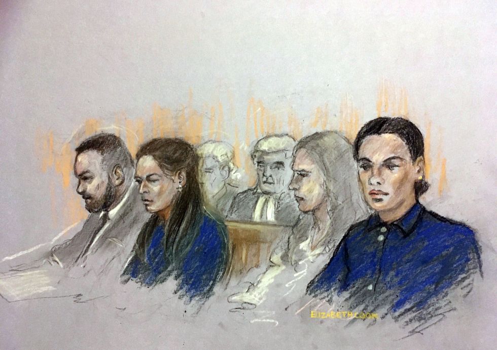 Court artist sketch by Elizabeth Cook of Coleen and Wayne Rooney (left) and Rebekah Vardy (right) sitting near to each other in the front row at court prior to Vardy giving evidence at the Royal Courts Of Justice, London, during the high-profile libel battle between Coleen Rooney and Vardy. Picture date: Tuesday May 10, 2022.